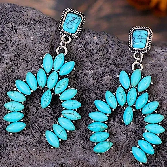 Bohemian Handmade Turquoise Dangle Earrings, Boho , Western, B… - Picture 2 of 4